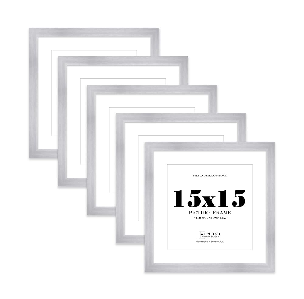 15x15" Silver Square Frame With Mount for 13x13" Pictures 28mm Edge Frame Display with Wall Hooks, 5 Pack