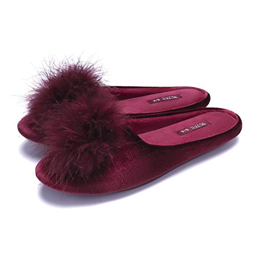 BCTEX COLL Women's Cozy Velvet Memory Foam House Slipper,Ladies Fuzzy Bedroom Slipper Non-Slip Sole Burgundy 9-10