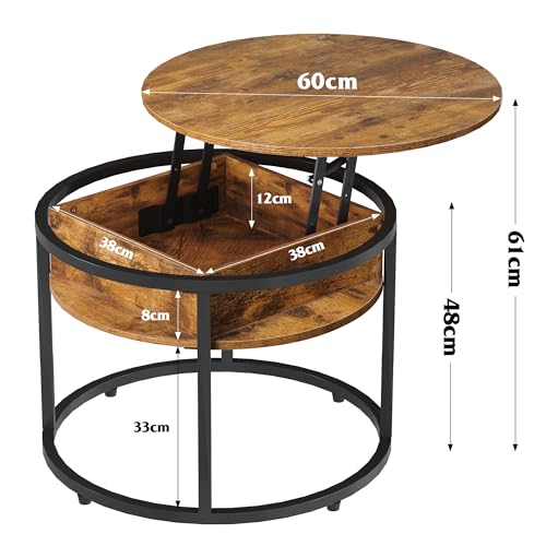 WLIVE Round Lift-Up Coffee Table with Hidden Storage Compartment, Ideal for Living Room and Home Office, Rustic Brown Design - Image 3