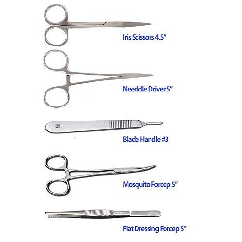 SurgicalOnline 15 Piece Stainless Steel Training Suture Tool Kit/Set with Scalpel Handle and 10#10 Blades, for Medical, Veterinarian, Biology and Dissection Lab Students