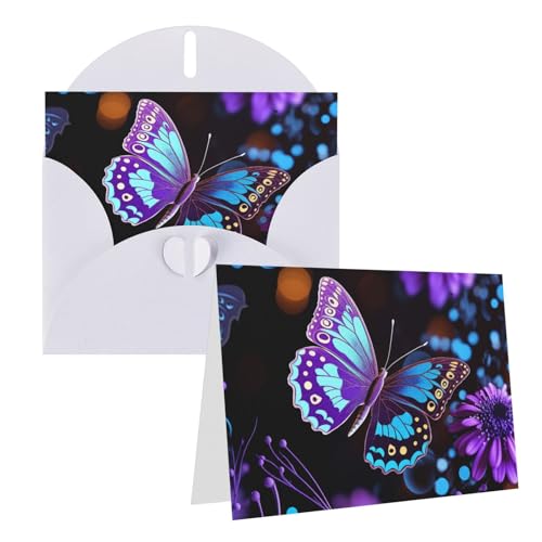 QMNEHJ グリーティングカード サンキューカード 封筒付き ブランクノートカード 4x6インチ バースデーカード 紫の蝶と花 ウェディングカード お悔やみカード おもしろい 思考カード あらゆる機会に