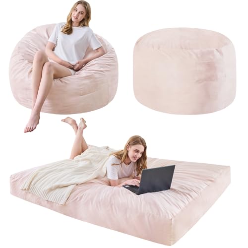 Bean Bag Chairs for Adults - Giant Bean Bag Chair Convertible Bean Bag Bed - Beanbag Chair with Micro Fiber Cover/Furniture Foam Filler - Floor Couch Sofa in Bedroom Dorm Room - Full Pink