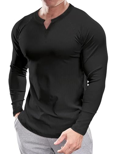 Muscle Cmdr Heren Slim Fit V-hals Casual Shirts Lange en Korte Mouw Muscle Henley T-shirt Stijlvol Zakelijk Top, A-zwart, L