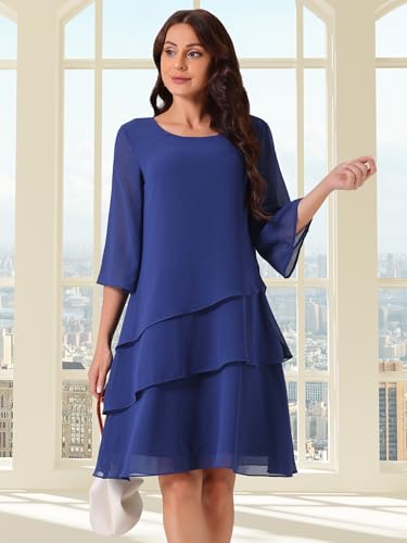 Image of Seta T Women's Chiffon Dresses 3 /4 Bell Sleeve Crewneck Tiered Layered Flowy Dress Party Wedding Outfits