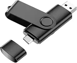Pen drive USB C de 32 GB, pen drive giratório duplo, tipo C + porta USB A, cartão de memória portátil para iPhone 16/15, Mac, telefones Android, tablets, laptops, Mac, Windows, preto