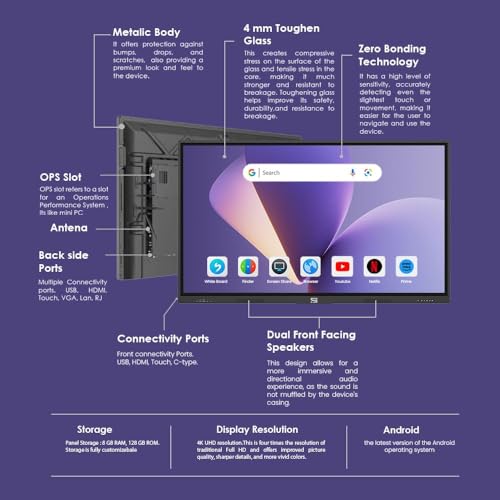 Image of 98 Inches4K UHD Touch Screen Interactive Flat Panel Display Android 14 with AI Technology, 8GB RAM+128GB Storage,with HeavyDuty Adjustable Floor Stand Ideal for School,College,Home &Office