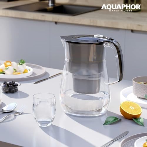 Foto von AQUAPHOR Wasserfilter Onyx Schwarz inkl. 1 MAXFOR+ Filter I 4,2L Wasserfilter in Glasoptik für I Karaffe I Reduziert Kalk & Chlor I Perfekt für die Familie I Premium Qualität I Stylischer Behälter