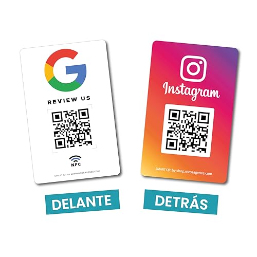 MESSAGENES | Tarjeta PVC Reseñas Google QR y NFC | Doble Placa Código QR Reseñas Google + Instagram | 1 Unidad 8,6 x 5,5 cm | Tarjeta Negocio QR y NFC | Gana Seguidores en Instagram | Consigue Reseñas