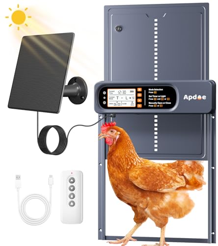 Automatic Chicken Coop Door Solar Powered with Timer, Light Sensor, Remote Control, Anti-Pinch, Waterproof, Aluminum Coop Door, 4 Auto Modes, Comfort Larger Size Duck Chicken Turkey House Door