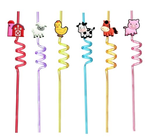 12pcs (6 Styles) Drinking Plastic Straws Reusable Farm Animal Design Reusable Straws with 2 Brushes for Birthday Pool Underwater Party Decorations Gift (Farm Design 12pcs)