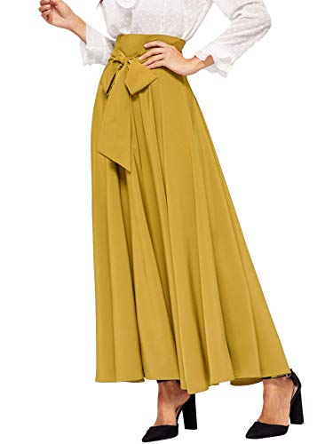Sweatyrocks Women's Elegant High Waist Skirt Tie Front Pleated Maxi Skirts Yellow L #TOP3