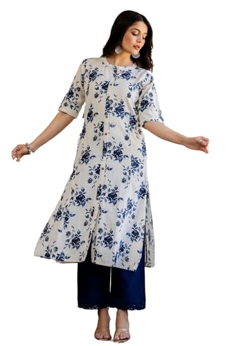 Image of Pistaa's Women Printed Mandarin A-Line Cotton Kurta With Palazzos