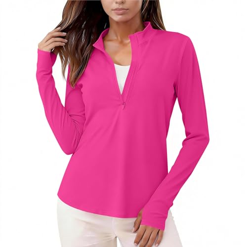 Women's 1/4 Zip UPF 50+ Pullover Long Sleeve Cooling Athletic Shirts Moisture Wicking UV Sun Protection Tops Hot Pink