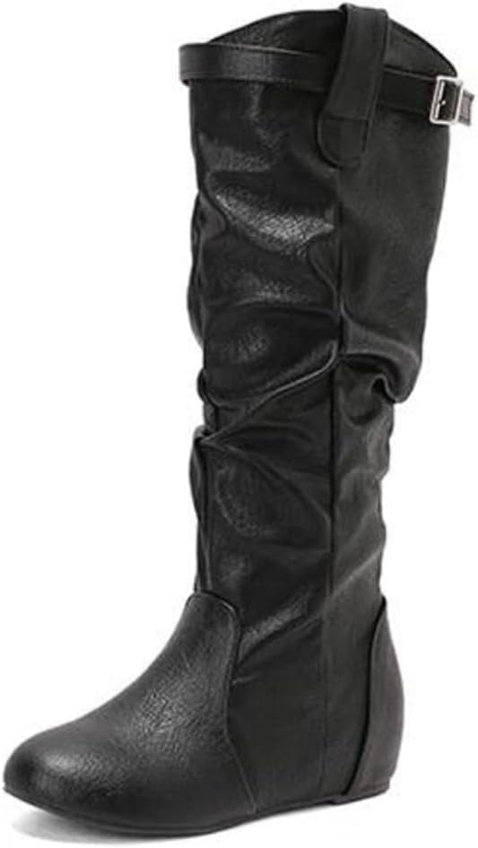 Slouchy Knee High Flat Boots for Women Wide Calf Pull On Side Zipper Faux Leather Round Toe Fall Winter Dress Tall Boots
