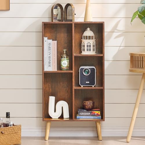 LEYAOYAO 5 Cube Small Bookshelf,3 Tier Mid-Century Bookcase with Legs,Wood Bookshelves Storage Organizer Shelf,Narrow Book Shelves,Brown Bookcases