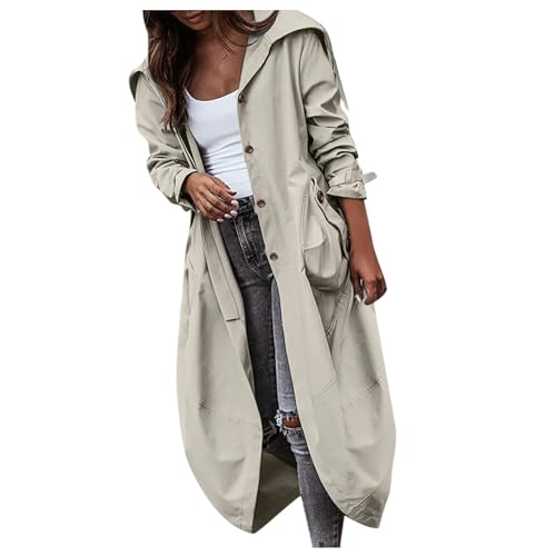 Trench Rain Coats for Women Light Weight Drawstring Windbreaker Hooded Long Sleeve Button Fall Jacket with Pockets