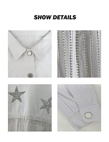 Esmeling Womens Cropped Sparkling Rhinestone Fringe Jean Jacket Glittering Star Denim Jacket(0511-White-L) #TOP4