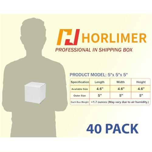 Image of HORLIMER 40 Pack 5x5x5 Shipping Boxes, White Corrugated Cardboard Box for Mailing, Packaging, Small Business
