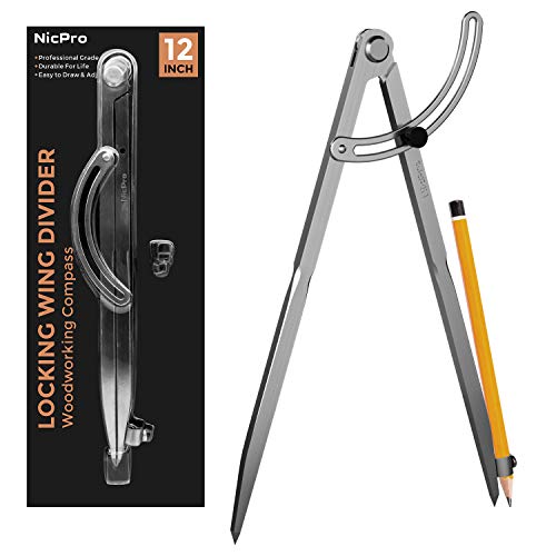 Nicpro 12 Inch Compass for Woodworking with Wing and Pencil Holder, Professional Carpenter Pencil Compass Great for Geometry, Drawing, Drafting by Nicpro - Used condition - US$11.83