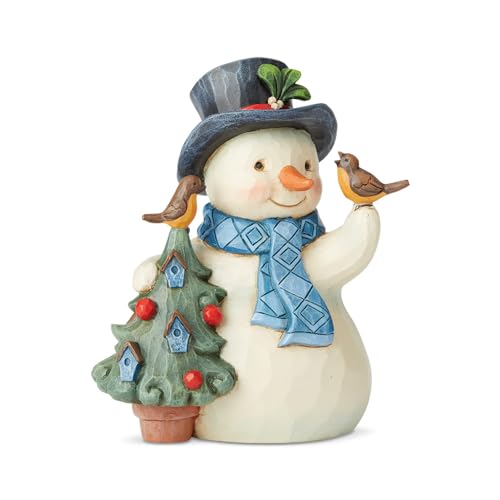Enesco Jim Shore Heartwood Creek Snowman with Christmas Tree and Birds Pint-Sized Figurine, 5 Inch, Multicolor