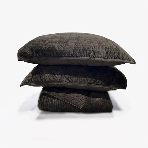 Image of Wonderful Velvet Quilt Set - Wood-Grain Stitched Brownish Black Quilt Queen Size, Velvet Lightweight Comforter with 2 Pillow Shams, Luxurious Suede Bedspread Coverlet for All Season, 94 inchx94 inch