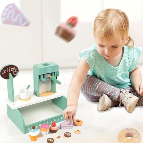 Image of Wooden Coffee Shop Toy Set for Kids, Pretend Play Coffee Machine with Coffee Cup, Cupcakes, Doughnut and Accessories, Role Play Kitchen Toy for Boys and Girls