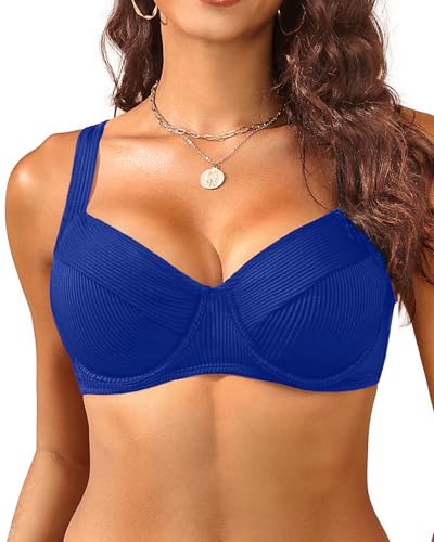 Women's Underwire Push Up Bikini Top - Ribbed Swim Bra 2025 Large Bust Bathing Suit Tops, Royal Blue, XXL