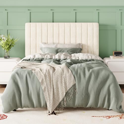 Image of Allewie Twin Bed Frame, Upholstered Platform Bed with Adjustable Vertical Channel Tufted Headboard, Mattress Foundation with Strong Wooden Slats, Box Spring Optional, Easy Assembly, Chenille White