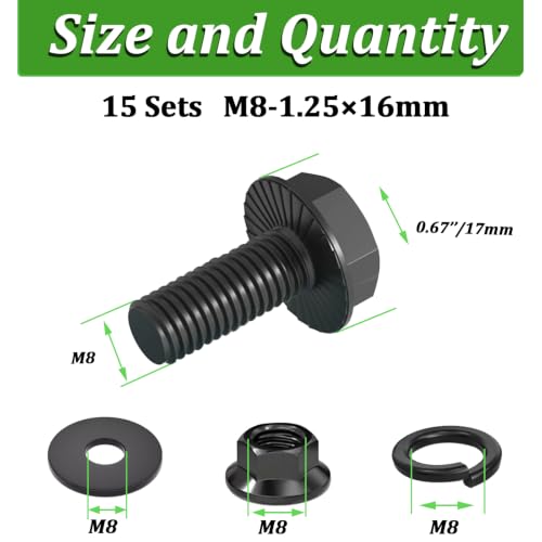 Image of 15 Set M8-1.25 x 16mm Flanged Hex Head Bolts,Flange Nuts,Flat & Lock Washers,10.9 Black Zinc Plated,Full Thread, Alloy Steel