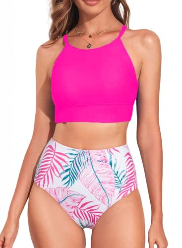 Image of Herseas Women's Bikini Sets High Neck Tropical Leaf Print High Waisted Two Pieces Swimsuits Bathing Suits