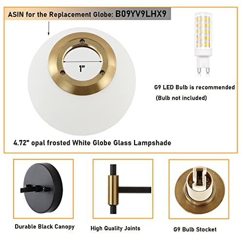 Byoliima Industrial Mid Century Wall Sconce Set Of 2 With White Globe Glass Shades Modern Bathroom Vanity Wall Lamp Black And Gold Finished Wall Light Fixture thumb #4