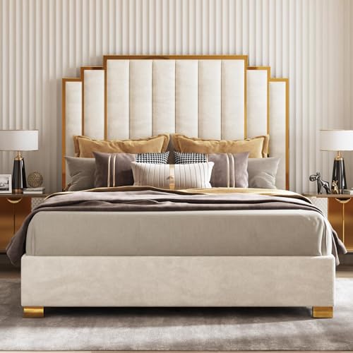 Image of AMERLIFE California King Size Upholstered Bed, Modern Velvet Bed Frame with 65.4 inch Tall Gold Trim Headboard, No Box Spring Needed, Cream