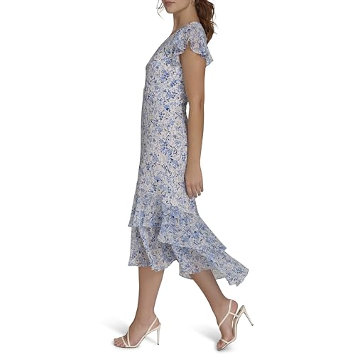 Image of Tommy Hilfiger Women's Flutter Sleeve V-Neck Ruffle Trim Hi-Lo Midi Dress