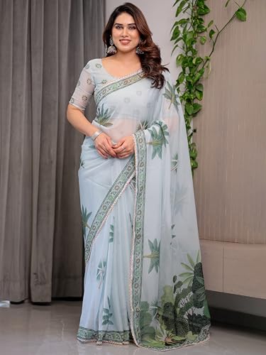 Image of ALMAARI FASHIONWomen's Floral Printed Organza Saree with Unstitched Blouse Piece | Traditional Ethnic Wear Sarees | Soft Lightweight Ethnic Office Wear Daily Wear Indian Sari (ORGANZA 121-130 H)