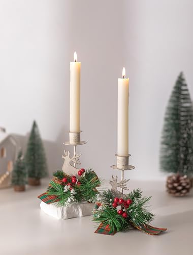 Romadedi Candle Holders Christmas Decor - Rustic Reindeer Candlestick Farmhouse Table Centerpiece Festive Red Berry Ornaments Home Decoration, White Set of 2