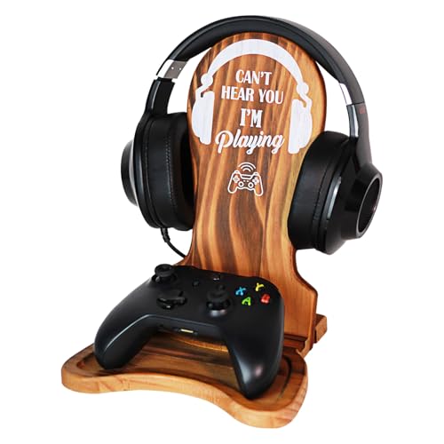 Gamer Gifts for Teenage Boys, Gamer Room Decor for Boys, Boyfriend, Men, Teen Boy, Brother, Gamer Room Accessories Stuff, Wooden Gaming Headset Stand - Can't Hear You I'm Playing, Log
