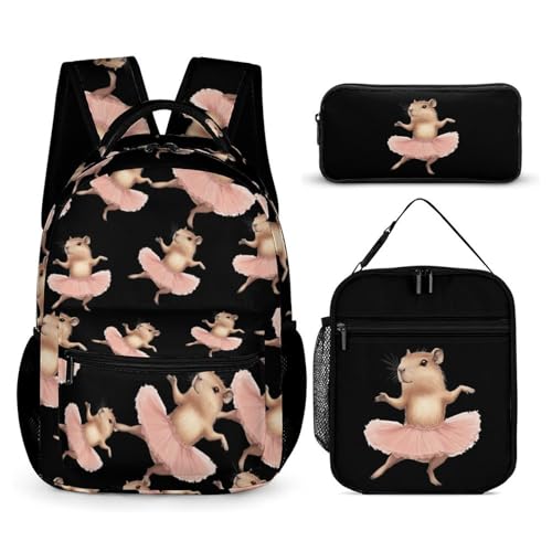 Capybara Ballet Dancer Cute Print Backpack Set of 3 Portable Lunchbox Pencil Cases for Daily Travel
