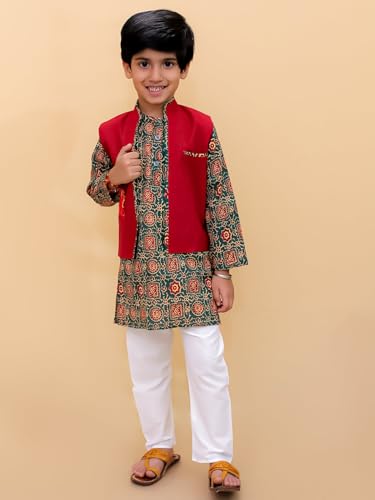 Image of The Mom Store Boys Printed Cotton Kurta Pajama Set With Jacket | Soft And Comfortable Ethnic Wear For Baby /Kids Boys | Full Sleeves Kurta Pyjama Set | Traditional Indian Outfit