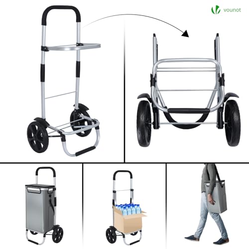 VOUNOT Einkaufstrolley Klappbar aus Aluminium mit 50L Wasserdichter Tasche und Kühlfach, 2 Extra große Räder mit Schutzblech, Faltbarer Einkaufswagen, Treppensteiger Trolley, Grau – Bild 4