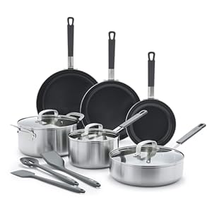 GreenPan x Bobby Flay Stainless Steel 12 Piece Cookware Pots and Pans Set, Professional Grade Tri Ply, PFAS-Free Ceramic Nonstick, Induction Suitable, Dishwasher & Oven Safe, Stay Cool Handles