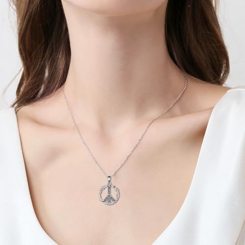 Peace Sign Necklace 925 Sterling Silver 14K White Gold Plated Peace Sign Pendant Necklace for Women4