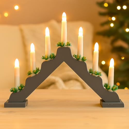 Just for Christmas Candle Bridge - Wooden Arch Christmas Lights Battery Operated with 7 White Warm LED | Perfect for Indoor Christmas Decorations, Family Events and Birthdays (Grey)