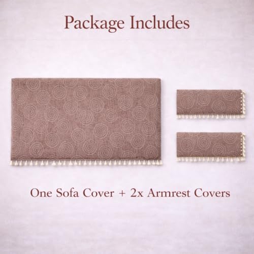Image of STITCHNEST Woven Fabric Sofa Cover 2 Seater with 2 Hand Rest Covers - Washable Beige Sofa Cover with Tassels - Durable Premium Fabric - Stylish Sofa Protector for Living Room & Furniture Decor