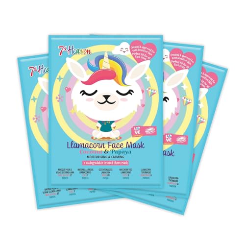 7th Heaven Llamacorn Face Mask Gift Set (4 Kids Face Masks). Hydrating Face Masks for Sensitive Skin, Childrens Face Masks Age 8+, Cruelty Free Sheet Masks - Genuine 7th Heaven Face Masks Skincare