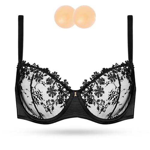 Wingslove Women's Sexy Lace Bra Demi Sheer Mesh Balconette See Through Bralette Unlined Underwire Embroidered (Black,34DD)