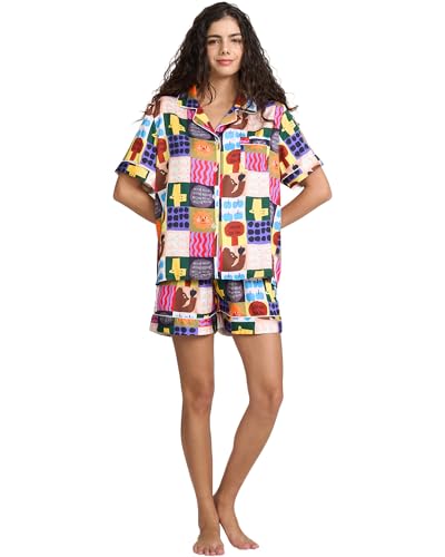 Image of YiNi LuLu Womens Silk Satin Shorts Pajamas Set Button Down 2 Piece Pjs Short Sleeve Oversized Sleepwear with Pockets