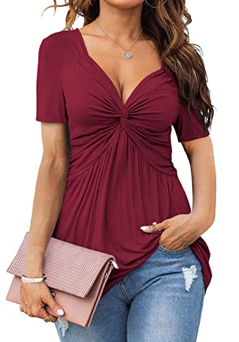 Tankaneo Damen V Ausschnitt Elegant Blusenshirt Front Knotted T-Shirt Kurzarm Dame Tunika Blusen Tops Oberteile