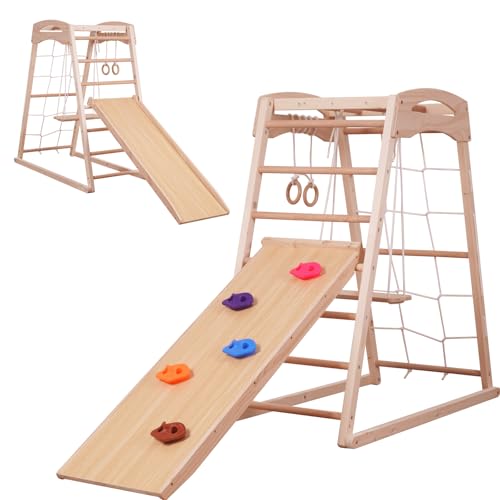 Sinbide 7-in-1 Multifunktionales Hochwertiges Holz-Klettergerüst, Kinder-Indoor-Turnhalle mit Rutsche, Kletternetzen, Kletterfelsen, Turnringen, Stangen, Leitern und Schaukeln，mittelgroße Spielplätze