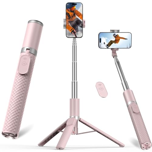 Phone Tripod & Selfie Stick with Remote, Portable Travel Phone Stand for Video Recording Vlog, Extendable Cell Phone Holder Compatible with iPhone Android, Pink, 62"