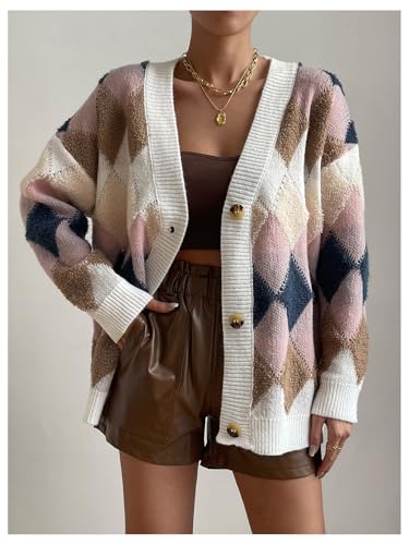 SOLY HUX Women's Argyle Cardigan Plaid Button Down V Neck Long Sleeve Casual Cardigans Sweater4